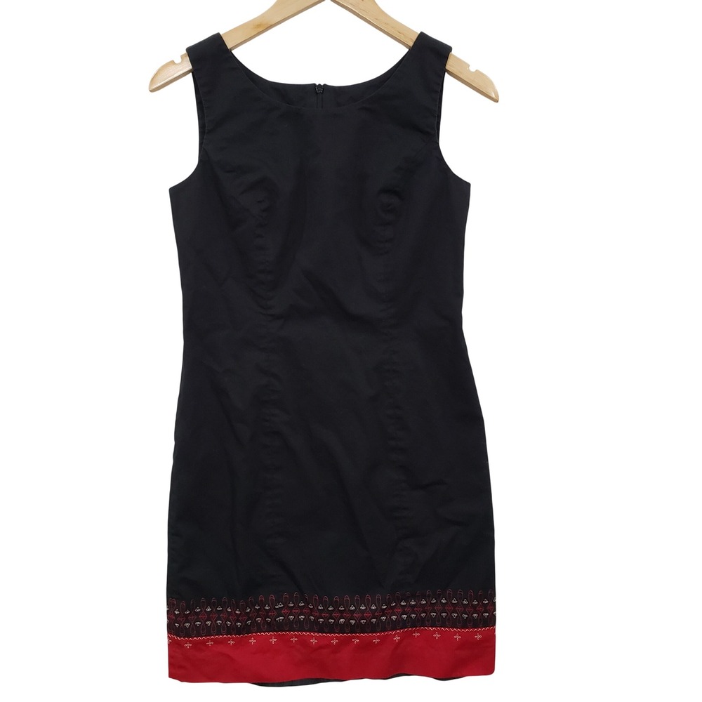 Vintage 90s B Moss Black Cotton Sheath Dress Red Embroidered Hem Size 2 Romantic